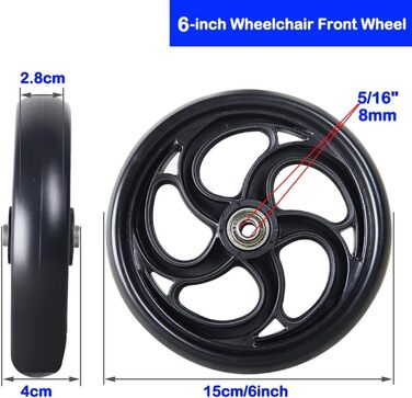 Колеса для інвалідного візка, 5 дюймів/6 дюймів/8 дюймів, запасне колесо для ходунків, передні колеса для інвалідного візка, ролики для візка, чорні протиковзкі колеса, 2 шт. и (розмір 6 дюймів/15 см) Один колір 6 дюймів/15 см