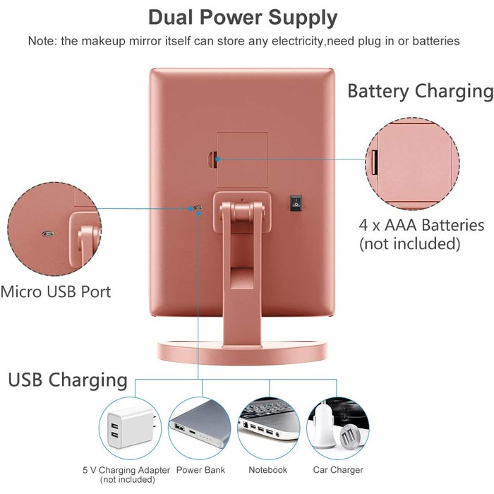 Дзеркало для макіяжу WEILY з підсвічуванням, складне косметичне дзеркало зі збільшенням /2X/3X, дзеркало для макіяжу з сенсорним підсвічуванням, настільне дзеркало з підтримкою USB та батареєю (рожеве золото)