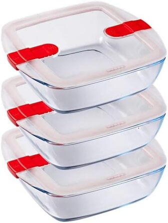 Скляні банки для зберігання їжі Pyrex 1451131 and Cook & Heat, квадратні, 1 л, з герметичною кришкою, можна використовувати в мікрохвильовій печі, 3 шт. и, прозорі 28,4 x 21 x 24,8 см Унікальні