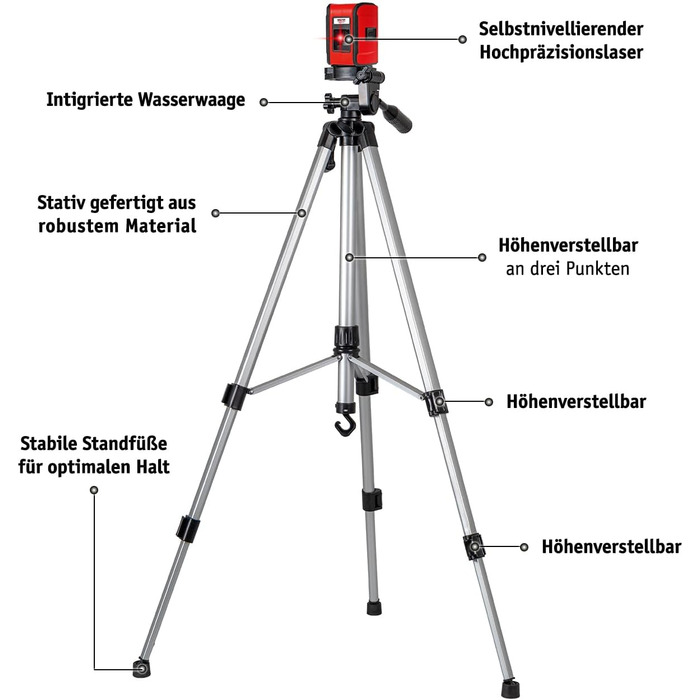 Лазер для поперечних ліній WALTER зі штативом, діапазон самовирівнювання 3, вбудований рівень, регульована висота, стійка підставка, автоматичне вирівнювання, вкл. батарейки, точність лазерної лінії