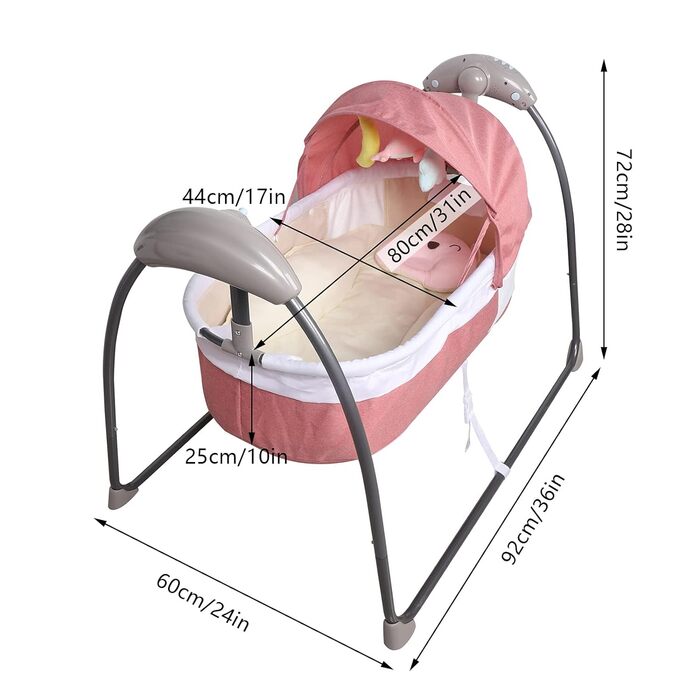 Дитяча колиска, дитяче музичне крісло-гойдалка, електричний пульт дистанційного керування дитячим вишибалою Крісло-гойдалка Колиска Гойдалка для сну ліжко-штора з розумним Bluetooth для немовлят від 0 до 24 місяців (рожевий)