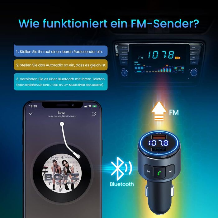 Оновлений FM-передавач Bluetooth V5.0 для автомобіля, QC3.0 і світлодіодне підсвічування, бездротовий FM-радіоадаптер Bluetooth, музичний плеєр/автомобільний комплект з функцією гучного зв'язку, Siri Google Assistant Black