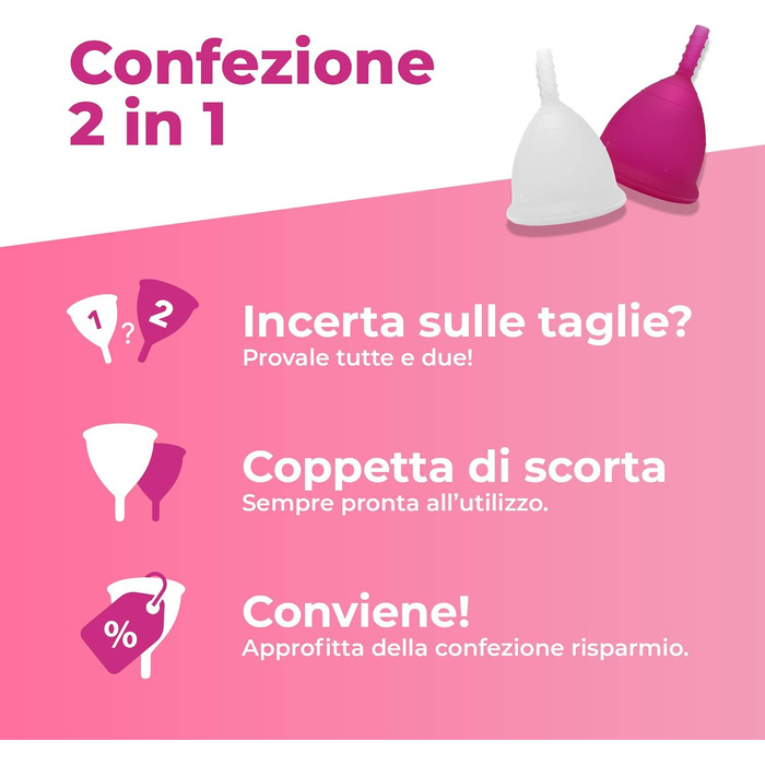 Набір з 2 менструальних чаш, виробництво Італія, м'яка, безпечна, виготовлена з медичного силікону, екологічна, зручна, розмір 2 х 2 шт. и, прозора і кольору фуксії