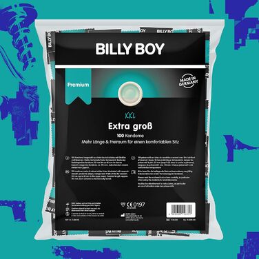 Презервативи Billy Boy Extra Large дуже довгі (195 мм) і широкі (до 62 мм), презервативи розміру XXL, прозорі, 100 шт. (1 упаковка)