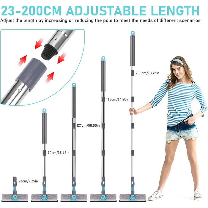 Склоочисник з телескопічною ручкою - професійний ракель для вікон 2 в 1, телескопічний засіб для миття вікон від 90 до 200см Набір для миття вікон Засіб для миття скла для високих внутрішніх і зовнішніх вікон, душового скла