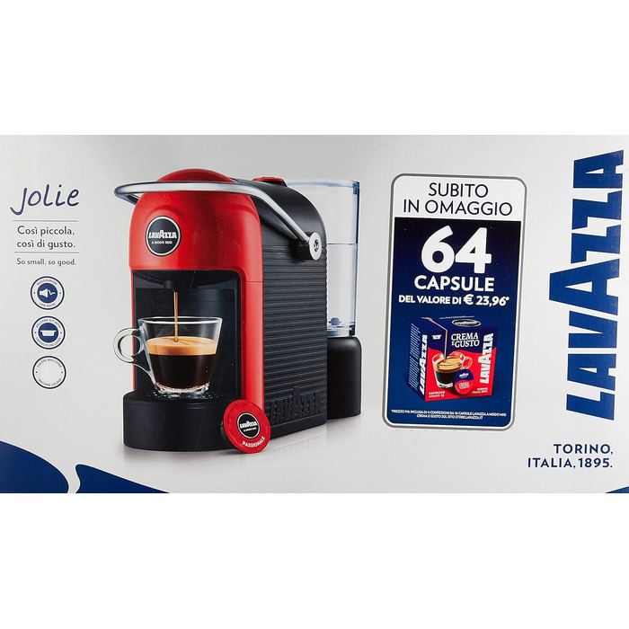 Кавоварка Lavazza A Modo Mio, Jolie з 64 капсулами Crema e Gusto в комплекті, капсульна машина для приготування кави вдома як в барі, 1250 Вт, 0,6 літра, кольорова біла кавоварка капсули