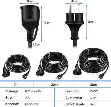 Подовжувач Aufun 10 м із захисним ковпачком на вулиці, вставка для зовнішнього використання, подовжувач кабелю живлення 3500 Вт, 230 В IP44 з вилкою Schuko, захисний контактний кабель на будівельному майданчику (10 м)