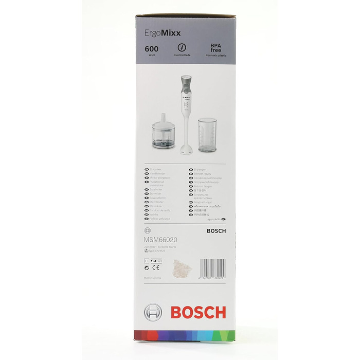 Ручний блендер Bosch ErgoMixx MSM66020, ніжка блендера, змішувально-мірний стакан, 4-лезовий ніж, ергономічний дизайн, 12 рівнів плюс турбо, 600 Вт, білий/сірий, білий/сірий