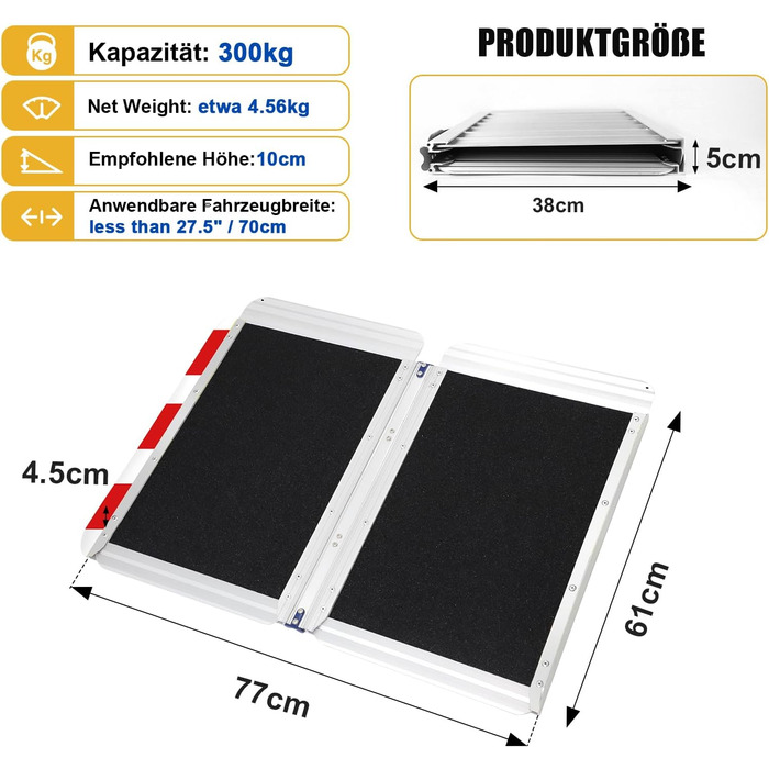 ЛІЄКУММ 61 см х 77 см. Пороговий пандус вантажопідйомністю 300 кг з нековзною поверхнею, портативний алюмінієвий пандус для інвалідного візка, пандуси для інвалідних візків 61 см (корисна висота 6-15 см)