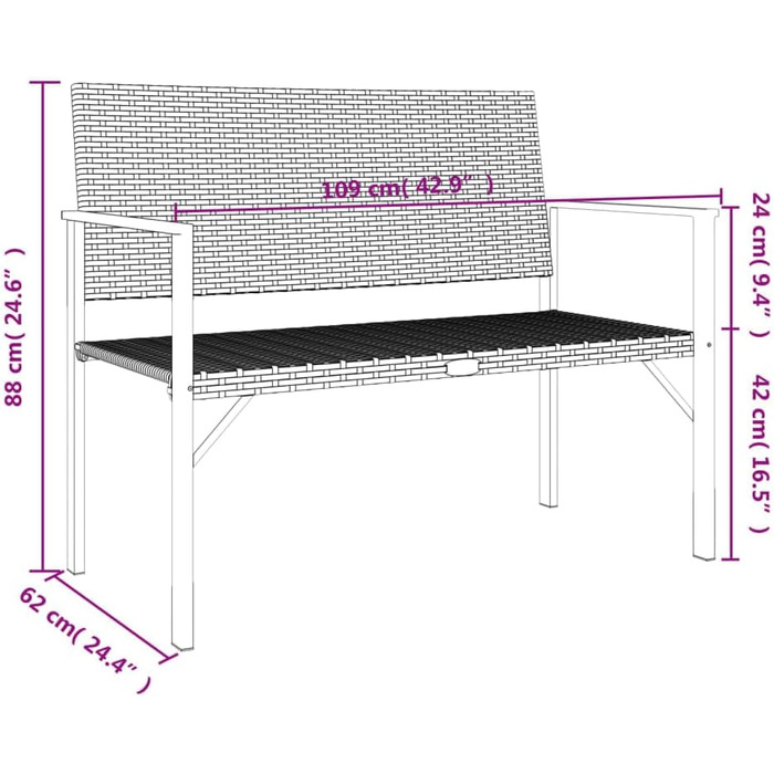 Садова лава, Лавка 2-місна сталева рама, Паркова лавка з підлокітниками Спинка, Лавка для садового патіо, Чорний полі ротанг