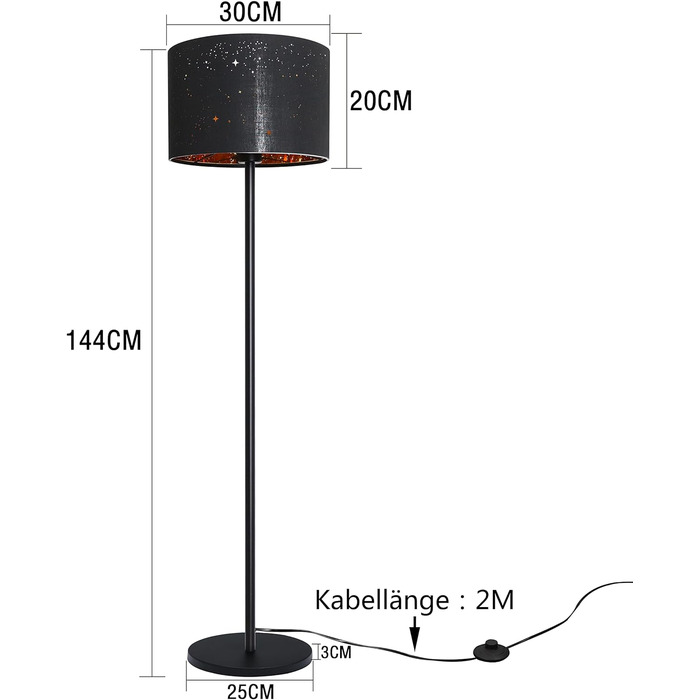 Торшер ZMH Вітальня Сучасний торшер - торшер з тканинного абажура в дизайні золотої зірки 144 см Торшер з ножним перемикачем і вилкою E27 для спальні Дитяча кімната Передпокій (чорний)