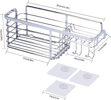 Душова стійка з нержавіючої сталі без свердління, багатофункціональна душова стійка з нержавіючої сталі Душова корзина для підвішування з 3 клейкими гачками, полиця для ванної кімнати Самоклеюча душова стійка для кухні у ванній кімнаті