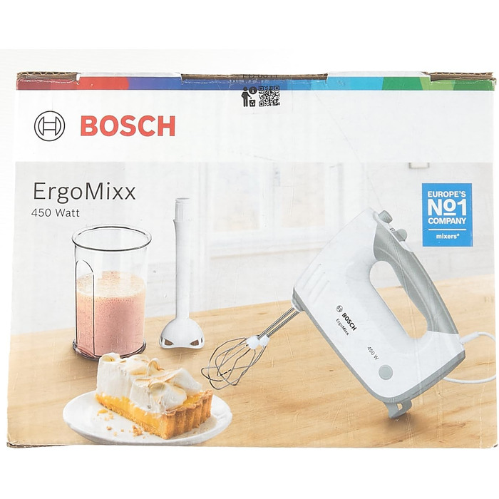 Ручний міксер Bosch ErgoMixx MFQ36440, 2 вінчика, 2 гачка для тіста з нержавіючої сталі, блендер, чашка, можна мити в посудомийній машині, 5 рівнів плюс турбошвидкість, 450 Вт, білий