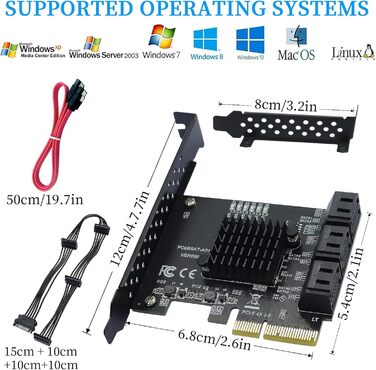 Карта 6 портів, 6 Гбіт/с 4 шт. SATA 3.0 PCIe карта, PCIe до SATA контролера плата розширення без рейду з 6 кабелями SATA низькопрофільний кронштейн, Plug and Play Windows, Linux система ASM1166 чіп 6 портів 4x-чорний