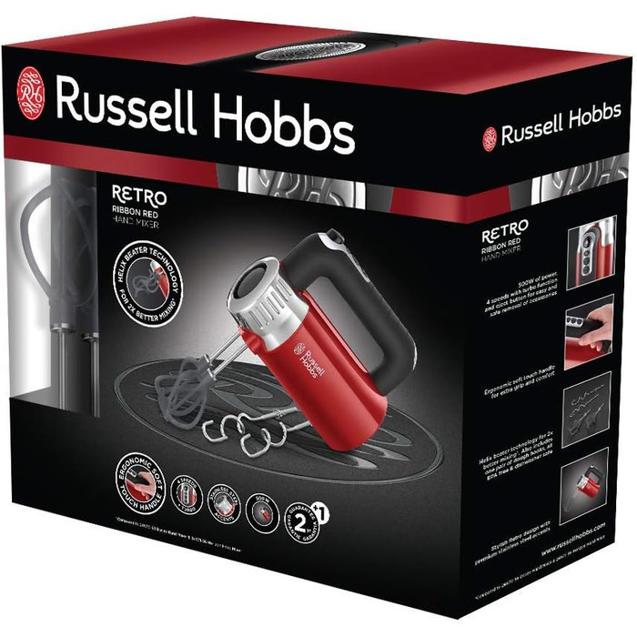 Ручний міксер Russell Hobbs ручний міксер Ретро Червоний (4 налаштування швидкості турбо, 2 вінчики Helix з нейлону, армованого скловолокном, для кращого змішування 2 гачки для тіста, без BPA) Ручний міксер 25200-56