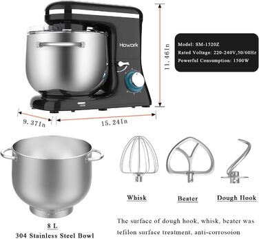 Машина для замішування кухонного комбайна Howork, потужна шумісильна машина для замішування з нахиленою головкою потужністю 1500 Вт, 6-рівнева машина для тіста з віночком, гачком для тіста, захистом від бризок, збивачем (8 л, чорний). 8 літрів чорний