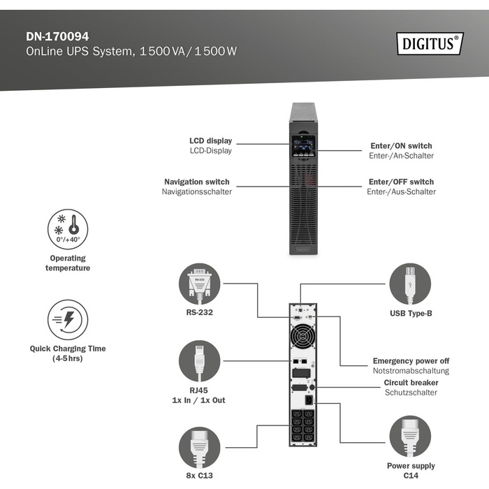 Система безперебійного живлення DIGITUS OnLine - 3 кВА / 3 кВт - 19-дюймовий монтаж 2U - Технологія справжнього подвійного перетворення - Джерело безперебійного живлення - чорний (ДБЖ OnLine, 1500 ВА / 1500 Вт)