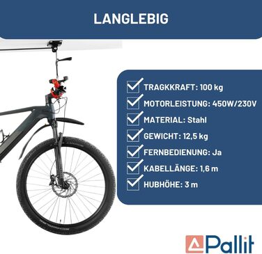 Електричний велосипедний підйомник Pallit BIKELIFT Вантажопідйомність 100 кг Висота підйому 3000 мм Велосипедний кронштейн для ковдри Підйомник для електровелосипеда