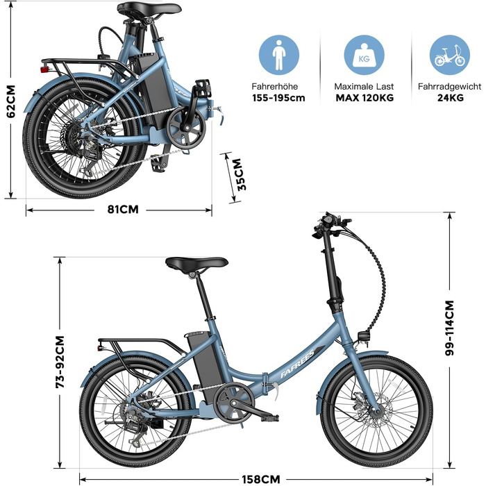 Складний велосипед E Bike 20 дюймів, електричний велосипед 36V 16.75Ah, міський ebike чоловіки жінки 250W 25км/год, діапазон педалей до 65-130 км, складний велосипед e-bike зелений, 20 Lite