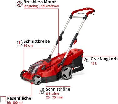 Акумуляторна газонокосарка Einhell RASARRO 36/36 Kit Power X-Change (36 В, ширина зрізу 36 см, до 400 м, травозбірник 45 л, висота зрізу 25-75 мм, вкл. 2 акумуляторні батареї 3.0 Ah Plus 2 зарядні пристрої)