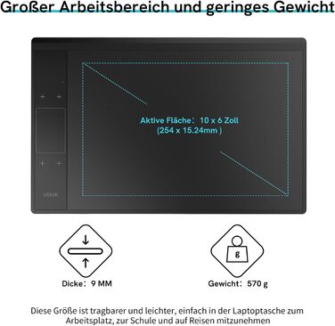 Графічний планшет VEIKK A30 V2 з 4 сенсорними кнопками та панеллю для жестів, перовий планшет розміром 10x6 дюймів зі стилусом без батареї та 8192 професійними рівнями тиску, сумісний з Win/Linux/Android/Chrome OS/Mac