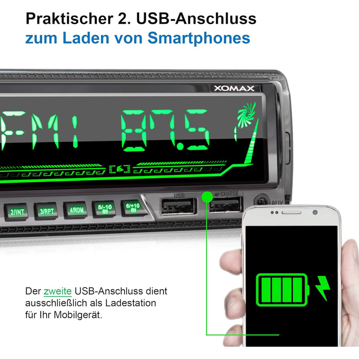 Автомобільна стереосистема XOMAX XM-R282 з FM RDS, гучний зв'язок Bluetooth, USB, SD, MP3, ID3, 2-й порт USB з функцією заряджання, AUX-IN, 1 DIN