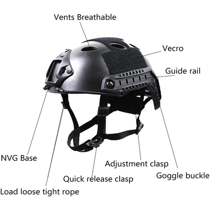 Страйкбольний шолом і маска на все обличчя, знімні страйкбольні окуляри, пейнтбольний шолом PJ Fast з переднім кріпленням NVG і бічною рейкою чорний