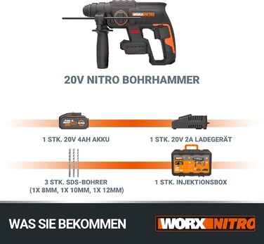 Акумуляторний перфоратор WORX NITRO WX381 20В - безщітковий двигун - багатофункціональний інструмент для свердління, перфорації та довбання - енергія удару 2 джоулі - вкл. акумулятор 20В 4Ач Pro та швидкий зарядний пристрій перфоратор 2,0 джоулі з 1 акуму