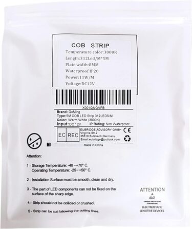 Світлодіодна стрічка GOMING 12V 5M COB Тепла біла 3000K Світлодіодна стрічка Тепла біла 11 Вт/М 312 світлодіодів/м Світлодіодна стрічка Самоклеюча CRI 93 Висока яскравість, неводонепроникна світлодіодна стрічка IP20 для прикраси внутрішнього будинку (лише