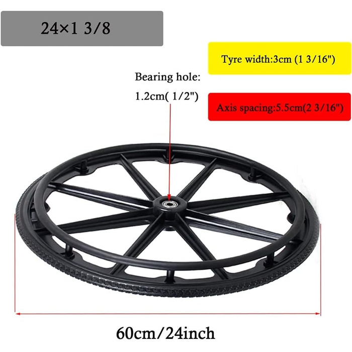 Пара 24 Аксесуари для інвалідних візків Задні колеса, 24 x 1 3/8, ручне крісло колісне, запасні колеса для допоміжних засобів для ходьби, суцільні, 1