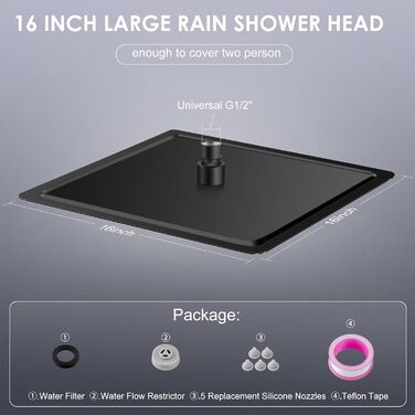 Душова насадка KINLIV 40CM Rain Shower Large, водоспадний душ з нержавіючої сталі 304, водозберігаюча душова насадка з 324 насадками проти накипу, регульована на 360 16-дюймова душова насадка з кутовим дощовим душем 40CM матово-чорного кольору