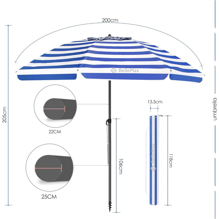 Плаяжна парасолька BelleMax 180 см пляжна вітрозахисна із захисним чохлом із захистом від сонця UV50 синьо-білі смуги
