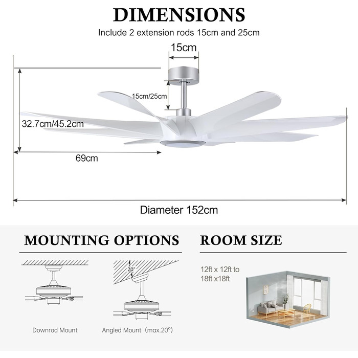 Стельовий вентилятор OFANTOP білий з освітленням і пультом дистанційного керування, стельові вентилятори, 6 швидкостей, безшумний стельовий вентилятор, сумісний з Alexa/Google Home (152 см, білий і сріблястий)
