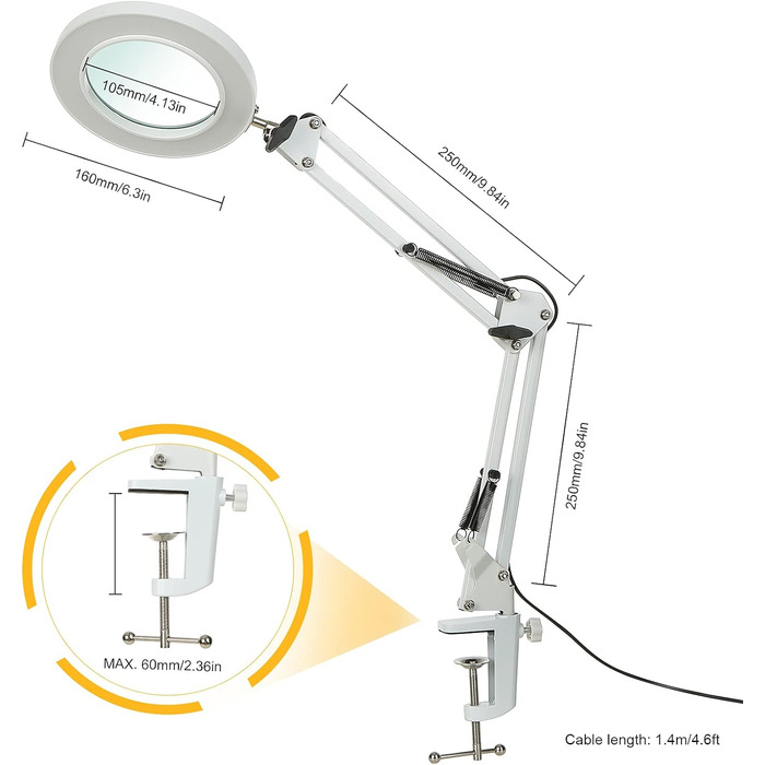 Світлодіодна лампа-лупа Tomshine із затискачем, 8-кратна збільшувальна лампа, регульована поворотна лампа, настільна лампа, 3 колірні режими, з можливістю затемнення, для столу, рукоділля, верстака білий
