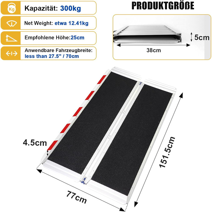 ЛІЄКУММ 151,5 см х 77 см. Пороговий пандус з нековзною поверхнею, портативний алюмінієвий пандус для інвалідних візків, пандуси для інвалідних візків, будинок, сходинки, сходи, перешкоди, двері, з сумкою 151,5 см (корисна висота 15-37,5 см)