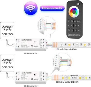 Бездротовий контролер 5 в 1 зі світлодіодною стрічкою з радіочастотним пультом дистанційного керування, 5-канальний світлодіодний контролер RGBWW з регулюванням яскравості для CCT RGB RGBW RGBCCT і 5 білих світлових стрічок DC12-24V, 2.4G