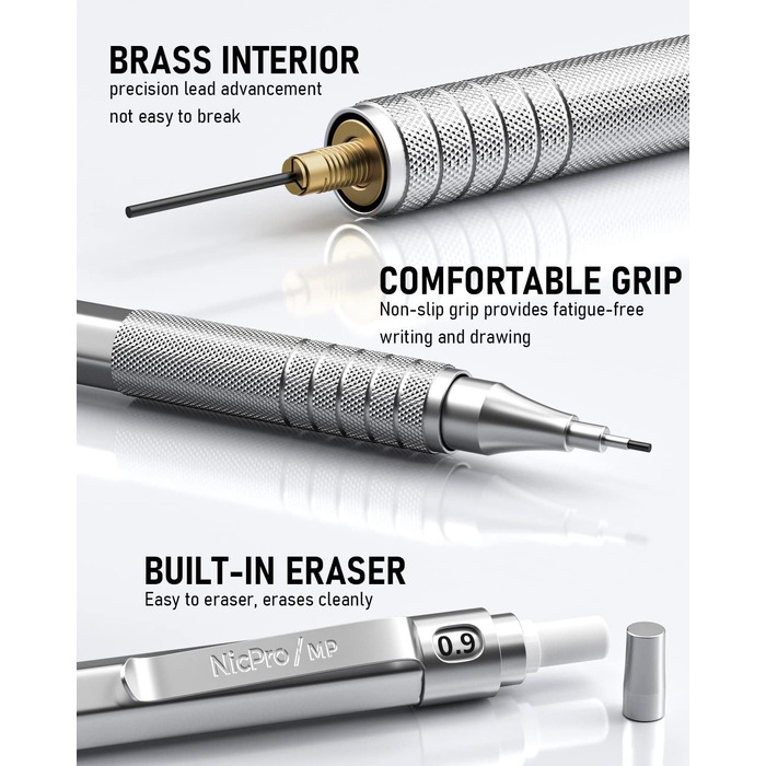 Набір механічних олівців Nicpro 5 шт., металеві олівці з грифелями для олівців (чорний і кольоровий), футляр-гумка для малювання, сріблястий