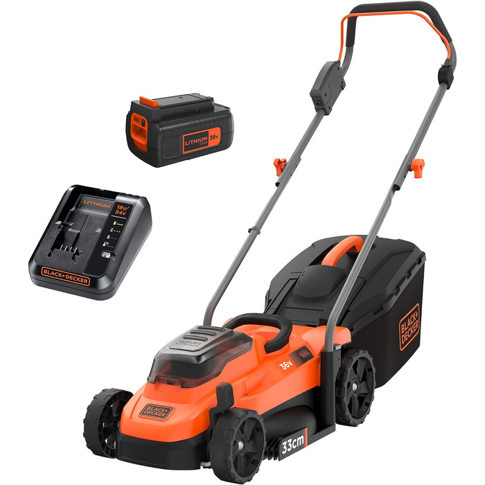 Акумуляторна газонокосарка BlackDecker BCMW3336L1 (36 В, 2,5 Ач, ширина зрізу 33 см, для газонів середнього розміру до 250 м, 5-позиційне регулювання висоти, в комплекті 1 акумулятор, зарядний пристрій, травозбірник на 35 л), помаранчевий/чорний