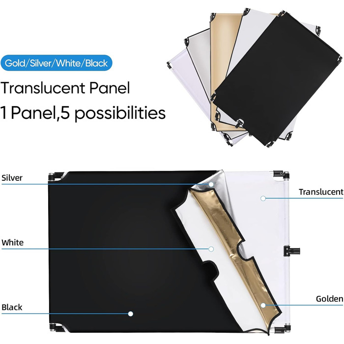 Дюймів/90 x 120 см Відбивач світла 5-в-1 Портативний розбірний розсіювач з кишенею для фото та відео студійної зйомки - напівпрозорий, сріблястий, золотий, білий і чорний, 35 шт., 47
