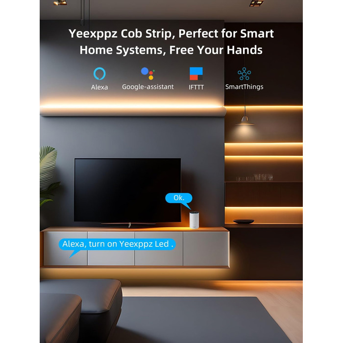 Світлодіодна стрічка Yeexppz COB 5 м комплект, голосове керування додатком Smart WiFi, теплий білий 3000K CRI90 сумісний з Google Assistant, світлодіодні світильники з синхронізацією музики для спальні, вітальні 5 м теплий білий