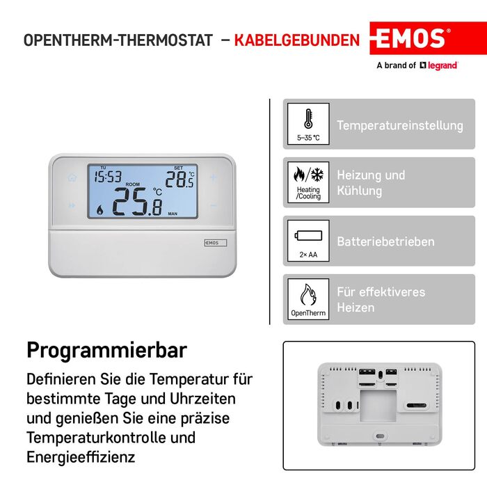 Цифровий кімнатний термостат Emos з підтримкою OpenTherm - програмований дротовий термостат для поверхневого монтажу, білий, 12,6 x 8,4 x 2,6 см