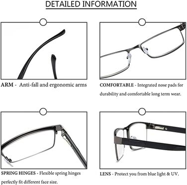 Чоловічі окуляри для читання Eyglajdd Металеві прямокутні пружинні шарніри Окуляри для читання Посібник для читання Окуляри з фільтром синього світла 3 упаковки 1,0 1,5 2,0 2,5 3,0 3,5 4,0 діоптрій, чорний/бронзовий чорний 2,5 x