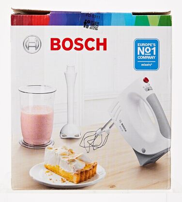 Ручний міксер Bosch MFQ3540, ручний міксер, 2 вінчики, 2 гачки для тіста з нержавіючої сталі, можна мити в посудомийній машині, 5 рівнів, ручний блендер, глечик для блендера, 450 Вт, білий одинарний