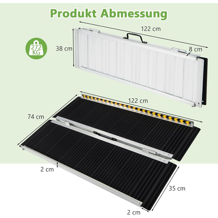 Рампа для інвалідного візка COSTWAY 122 см, Складаний пандус Портативний і протиковзкий з навантаженням до 272 кг, Рампа алюмінієва, Пороговий пандус для дверей сходів інвалідного візка (122 x 74 см)