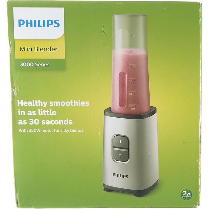 Міні-блендер Philips Daily Collection - 350 Вт, компактний дизайн, дві швидкості, мобільна пляшка для води, можна мити в посудомийній машині, сірий (HR2600/80)