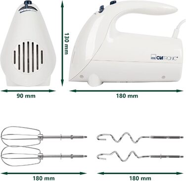 Електричний ручний міксер Clatronic Двигун 250 Вт 5 рівнів швидкості Кнопка виймання Міцні вінчики та гачки для тіста з нержавіючої сталі Можна мити в посудомийній машині HM 3014 Білий Білий 250 Вт