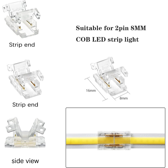 Контактний 8-міліметровий роз'єм для світлодіодної стрічки Cob, розетка постійного струму з кабельним роз'ємом, який легко натискається, швидке підключення дротяної стрічки для одноколірної світлодіодної стрічки COB (2pin8 мм), 2-