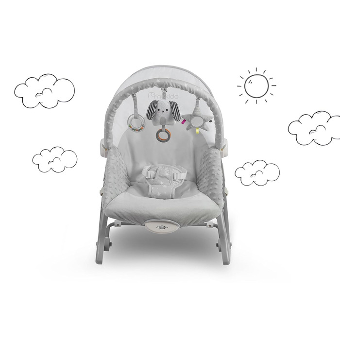 Дитяча гойдалка Nukido Baby Bouncer з музикою - Металевий каркас і міцний пластик - Замок гойдалки - Вібраційна система - Додаткова іграшка Montesorri - 48 x 62 см - Сірий