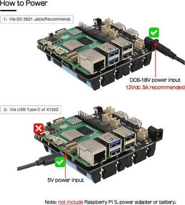 ДБЖ Geekworm Raspberry Pi 5 (X1202), 4-елементний ДБЖ на 18650 (макс. вихід 5,1 В 5 А) з широким входом 6-18 В Автоматичне ввімкнення Безпечне вимкнення Виявлення втрати потужності