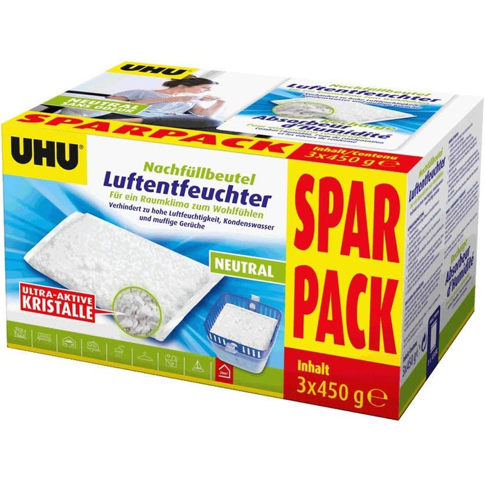 Мішок для заправки осушувача UHU 3 шт. 450 г в комплекті запобігає появі вологи та затхлих запахів